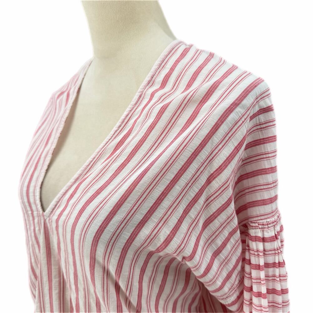 Vince Red & White Variegated Stripe 100% Cotton Long Sleeve V-Neck Blouse Top - Picture 5 of 11